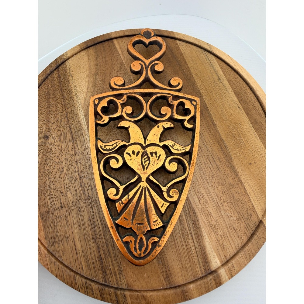 Vintage Copper Plated Cast Iron Trivet Birds & Heart Rustic Kitchen Wall Decor